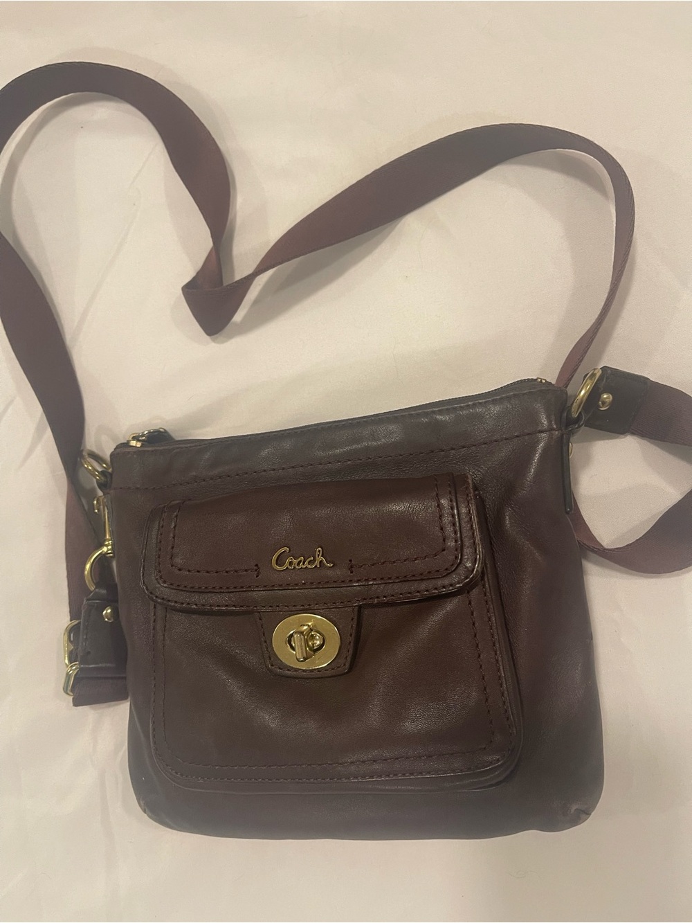 Coach Brown Leather Crossbody with Gold-Tone Turnlock